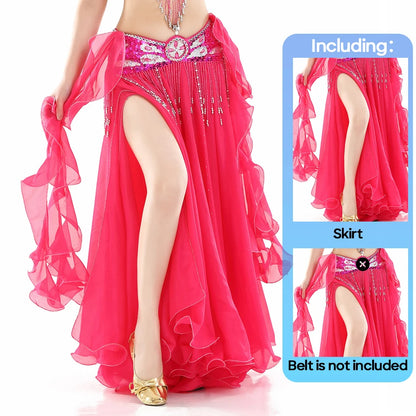 Belly Dance Skirt Chiffon Skirts Double Slit Ear Gauze Skirt High Slit Skirt For Adult Women Performance Practice Clothings