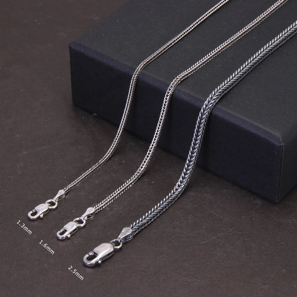 Real S925 Pure Silver Men's Necklace 1.6MM Foxtail Necklace for Men Individuality Vintage solid Silver Snake Bone Chain - AMULET RING STORE
