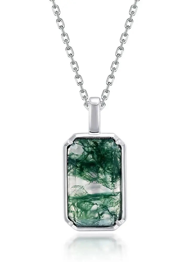 WES 100% 925 Silver Natural Unique Moss Agate Pendant Necklace for Woman Forest Jewelry Engagement Gift Boho Style Wholesale - AMULET RING STORE