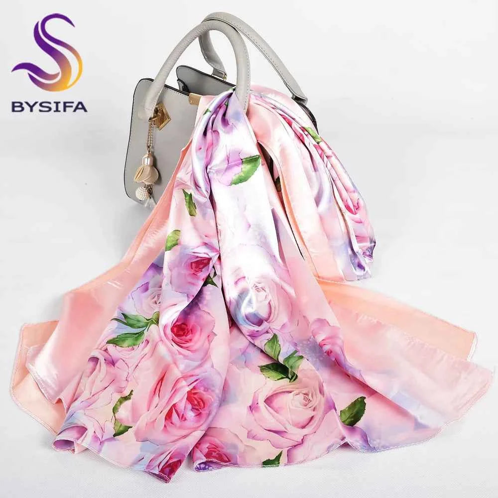 New Spring Fall Pink Rose Silk Scarf Shawl Printed Winter Fashion Women Neck Scarf  Floral Design Long Scarves Wraps  160*70cm
