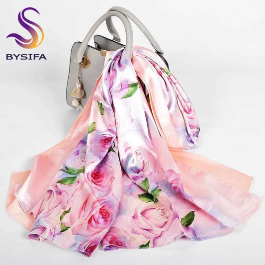 New Spring Fall Pink Rose Silk Scarf Shawl Printed Winter Fashion Women Neck Scarf  Floral Design Long Scarves Wraps  160*70cm