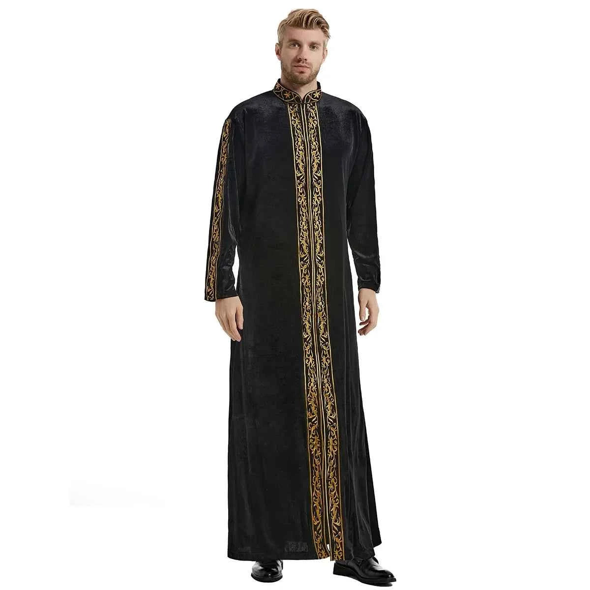 2025  Muslim golden velvet embroidered robe hui thickened embroidered famous thobe for men