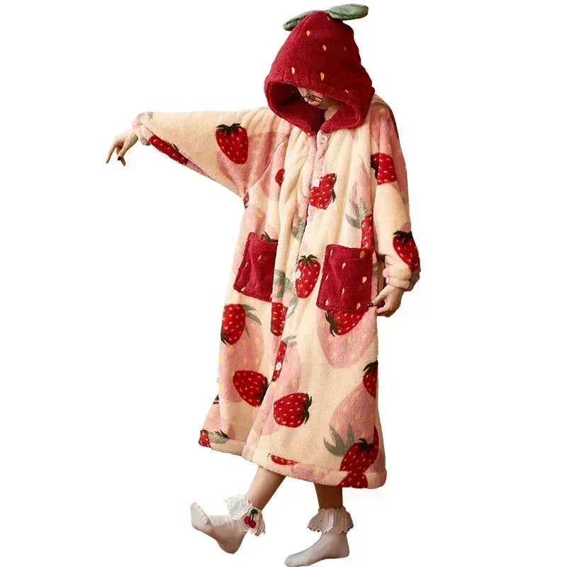 2024 Winter Pajamas For Women Cartoon Hooded Long Robe Strawberry Jacket Cute Home Wear Sleepwear Kawaii Flannel Warm Bathrobe - AMULET RING STORE