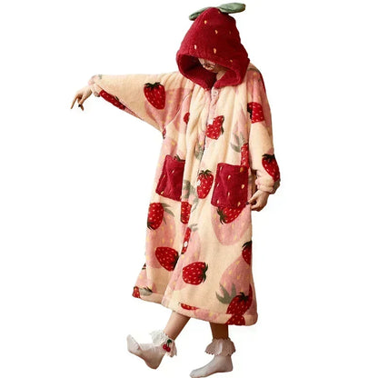 2024 Winter Pajamas For Women Cartoon Hooded Long Robe Strawberry Jacket Cute Home Wear Sleepwear Kawaii Flannel Warm Bathrobe - AMULET RING STORE
