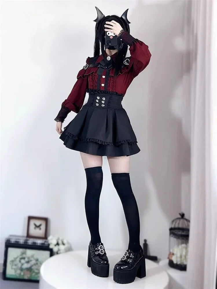 Sweet Gothic Lolita Two Piece Set, Off Shoulder Blouse + High Waist Skirt, Kawaii Tri-color Lace Coord Outfit for Women & Teens