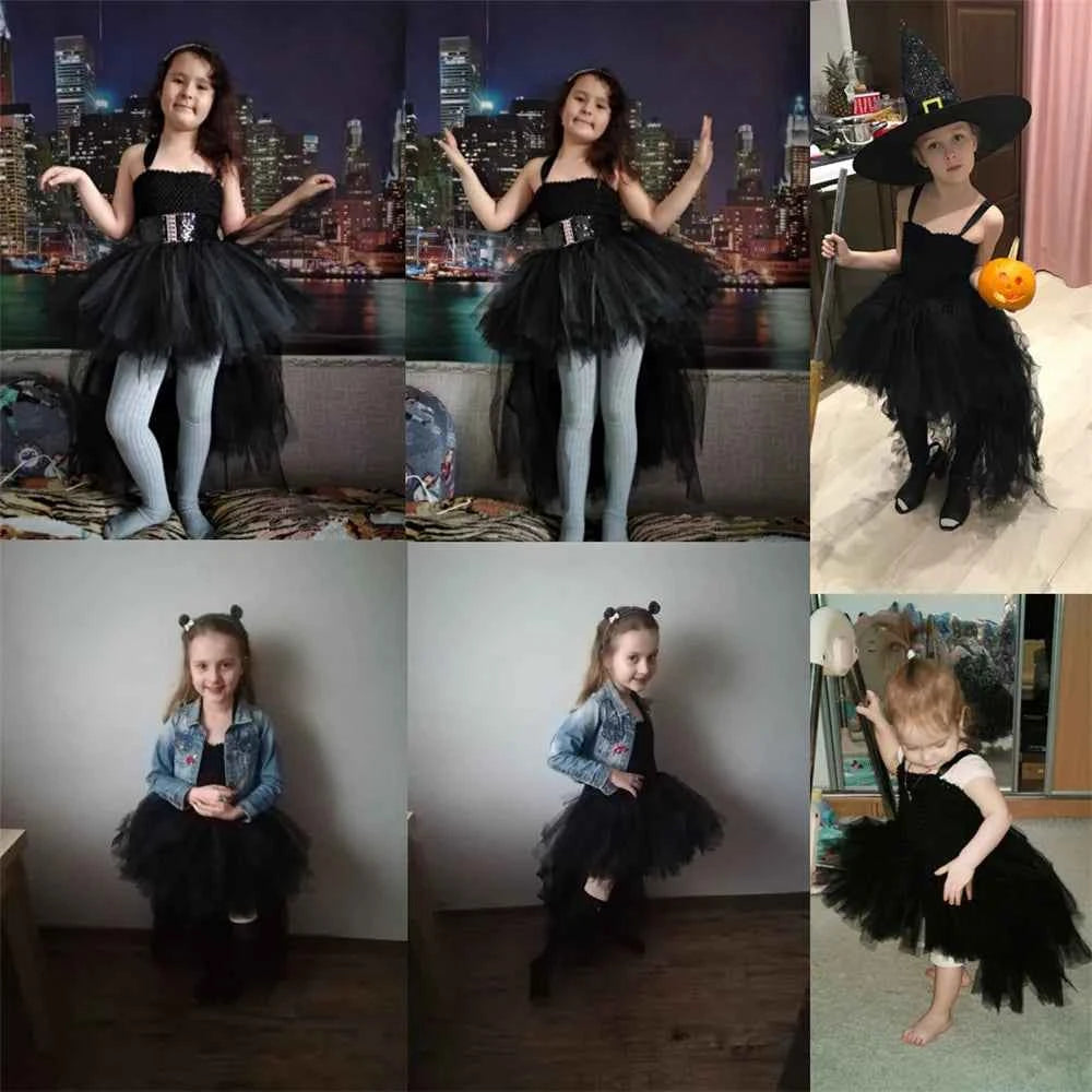 Girls Pink Black Tutu Dress V-neck Train Girl Evening Birthday Party Tulle Dresses Girl Ball Gown Dress Kids Halloween Costumes
