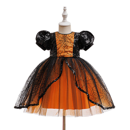 Girl Halloween costume 4-8 Yrs Halloween Theme Party Dresses Skeleton Bat Pumpkin Print Frocks Luxury Fluffy Kids Elegant Gown