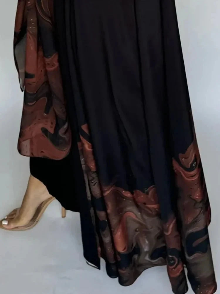 Middle Eastern Loose Open Front Abaya Muslim Women Full Sleeve Printed Abayas Turkey Kaftans Jilbabs Islamic Maxi Dresses - AMULET RING STORE