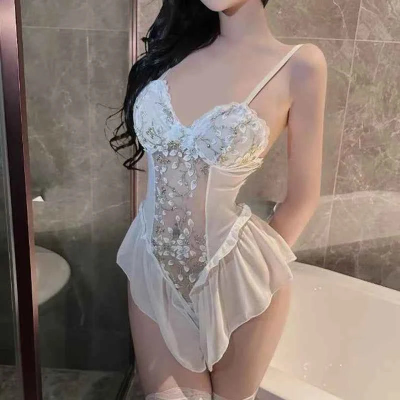Sexy Deep V Flower Vine Open Crotch Bodysuit Suspender Embroidery Ballet Nightdress Slim Gathered Mesh Bodycon