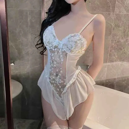 Sexy Deep V Flower Vine Open Crotch Bodysuit Suspender Embroidery Ballet Nightdress Slim Gathered Mesh Bodycon