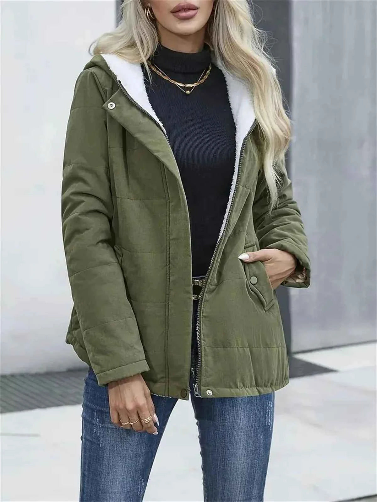 Women Autumn Winter Padded Coat Zip Up Long Sleeve Korean Hooded Jacket Fashion Solid Warm Clothes Casual Outfit Coats Street