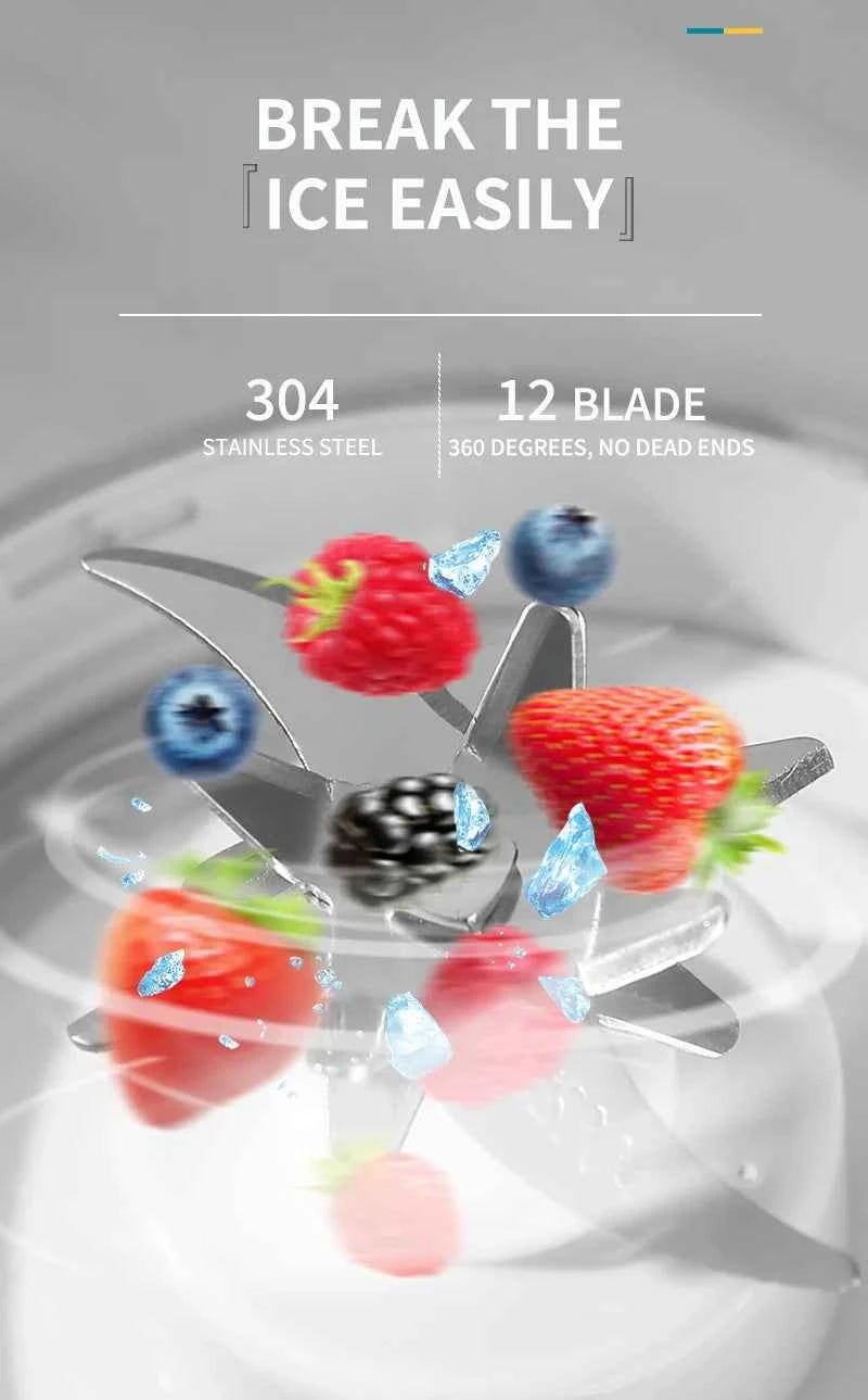 Portable USB Rechargeable Juicer Blender, Ice Crushing Fruit Juice Cup, Home & Outdoor Use, 12 Blades