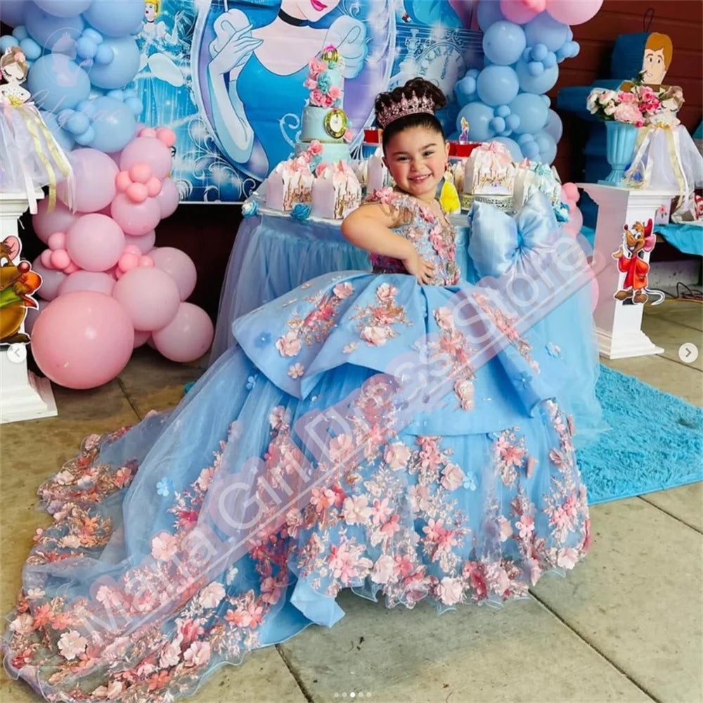 Luxury Appliqué  Flower Girl Dress Spaghetti Straps Birthday Lace Appliques Off Shoulder V-Neck First Communion Gown