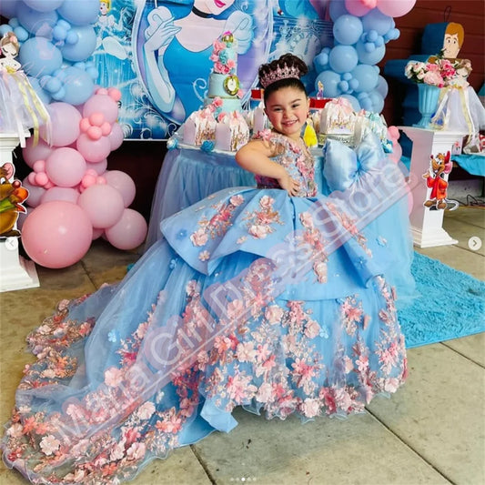 Luxury Appliqué  Flower Girl Dress Spaghetti Straps Birthday Lace Appliques Off Shoulder V-Neck First Communion Gown