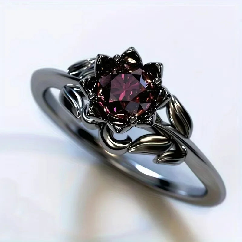 Black Color Flower Red Stone Rings for Women Charm Jewelry Accessories Rose Ring Party Gift