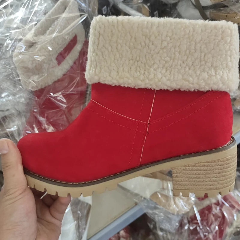 Autumn and Winter Fashion New Casual Comfortable Plus Velvet Warm Square Heel Round Toe Solid Color Women's Ankle Boots - AMULET RING STORE