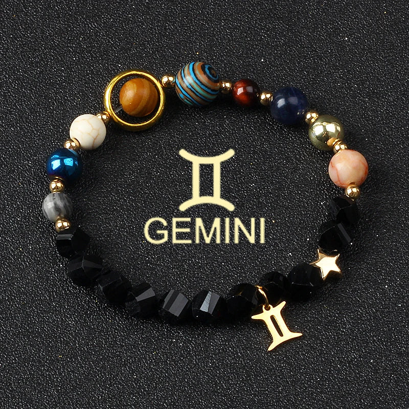 Universe Galaxy Eight Planets 12 Constellation Bracelets for Women Natural Stone Solar System Bracelets Libra Virgo Leo Jewelry