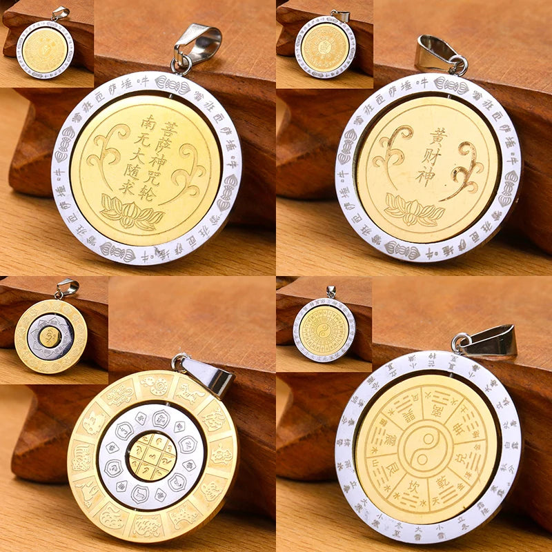 Stainless Steel Rotatable Buddhist Om Mani Padme Hum Round Pendant