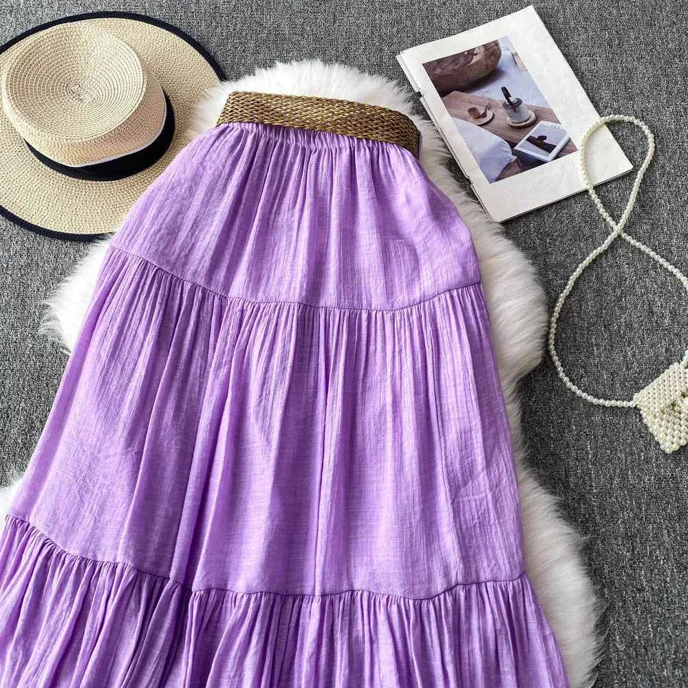 White High Waist A-Line Midi Skirt Women's Summer Casual Flared Cake Skirt Korean Sle Baking Poer Skirt for Young Women