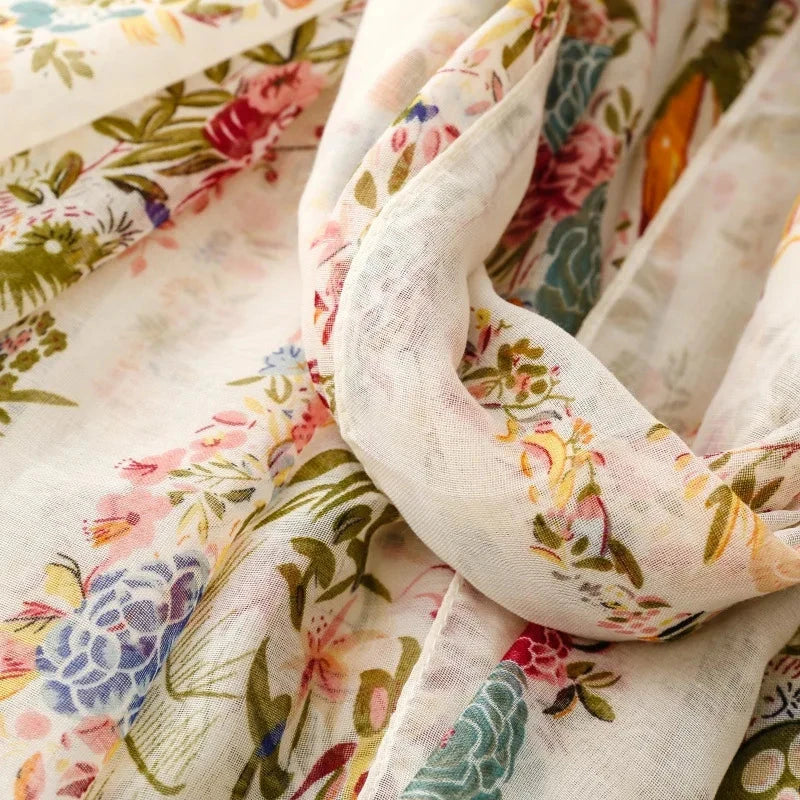 Four Seasons Available Luxury Women Viscose Scarf Designer Shawl Cotton Linen Feeling Tassel Pashmina Muslim Hijab Wrap Floral