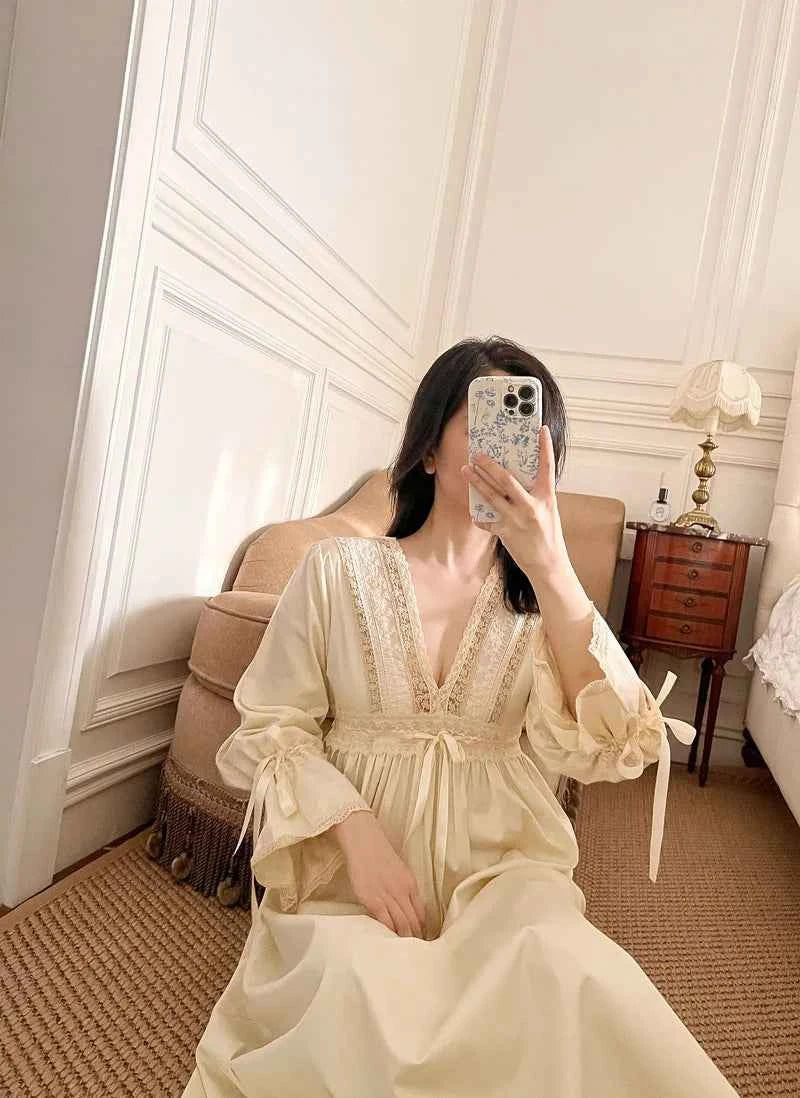 Vintage Embroidery Cotton Long Nightgowns For Lady Lace  Long Sleeve Beige Elegant Nightshirts Comfortable Sexy Night Dress