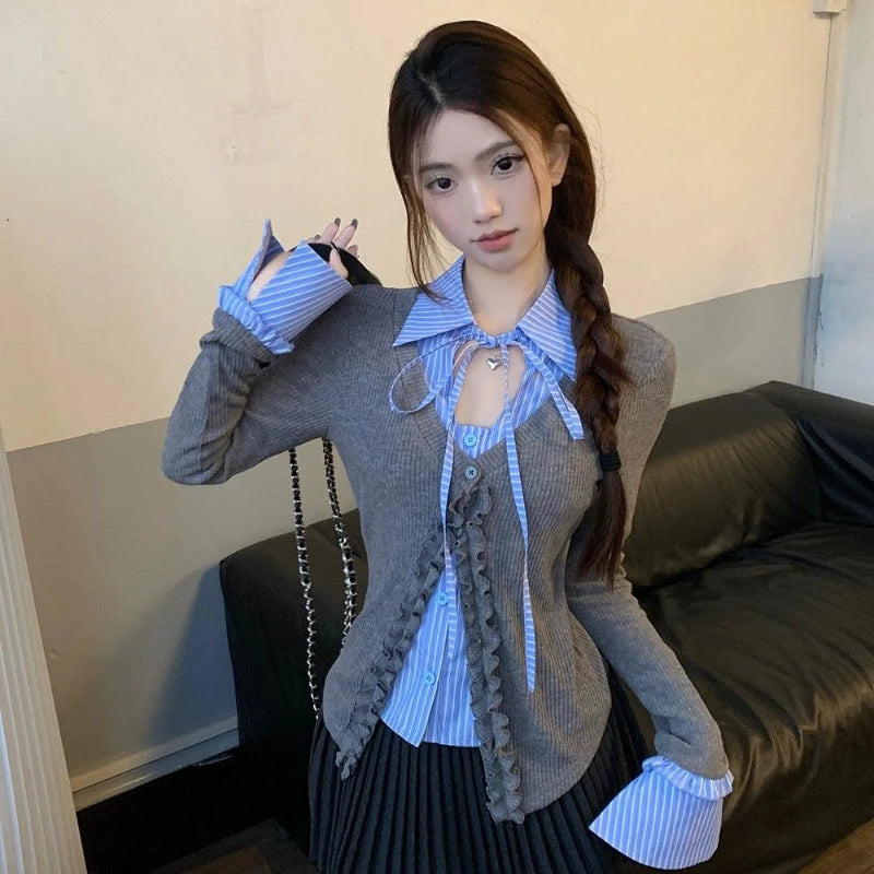 Preppy Style Striped Contrast Slim Lacing Tops Women Clothing Spring Autumn New Long Sleeve Patchwork Korean Shirt Tops Fashion