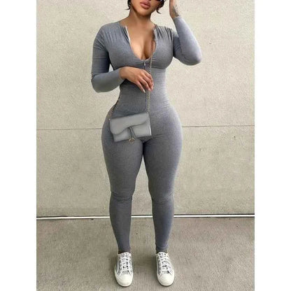 Plus Size 1XL-5XL New Women Sexy Sports Jumpsuits Autumn Solid Long Sleeve Bodycon Fashion Rompers