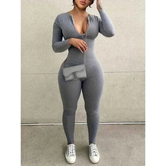 Plus Size 1XL-5XL New Women Sexy Sports Jumpsuits Autumn Solid Long Sleeve Bodycon Fashion Rompers