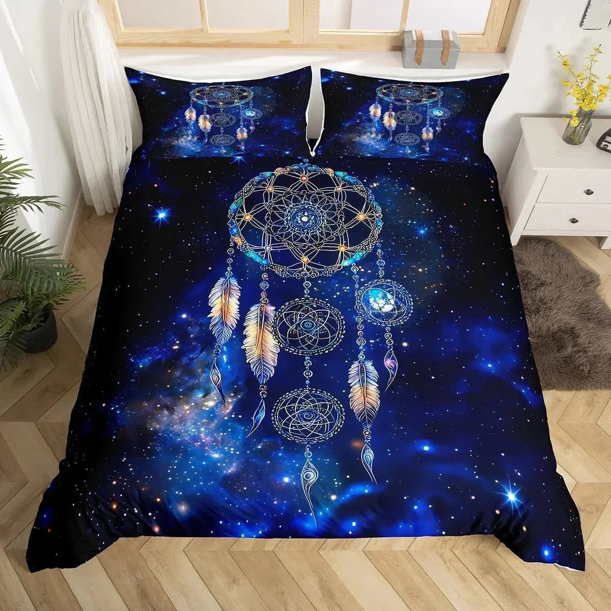 Dream Catcher Bedding Set Boho Mandala Duvet Cover Twin King,Exotic Tribal Feather Comforter Cover Starry Sky Galaxy Quilt Cover