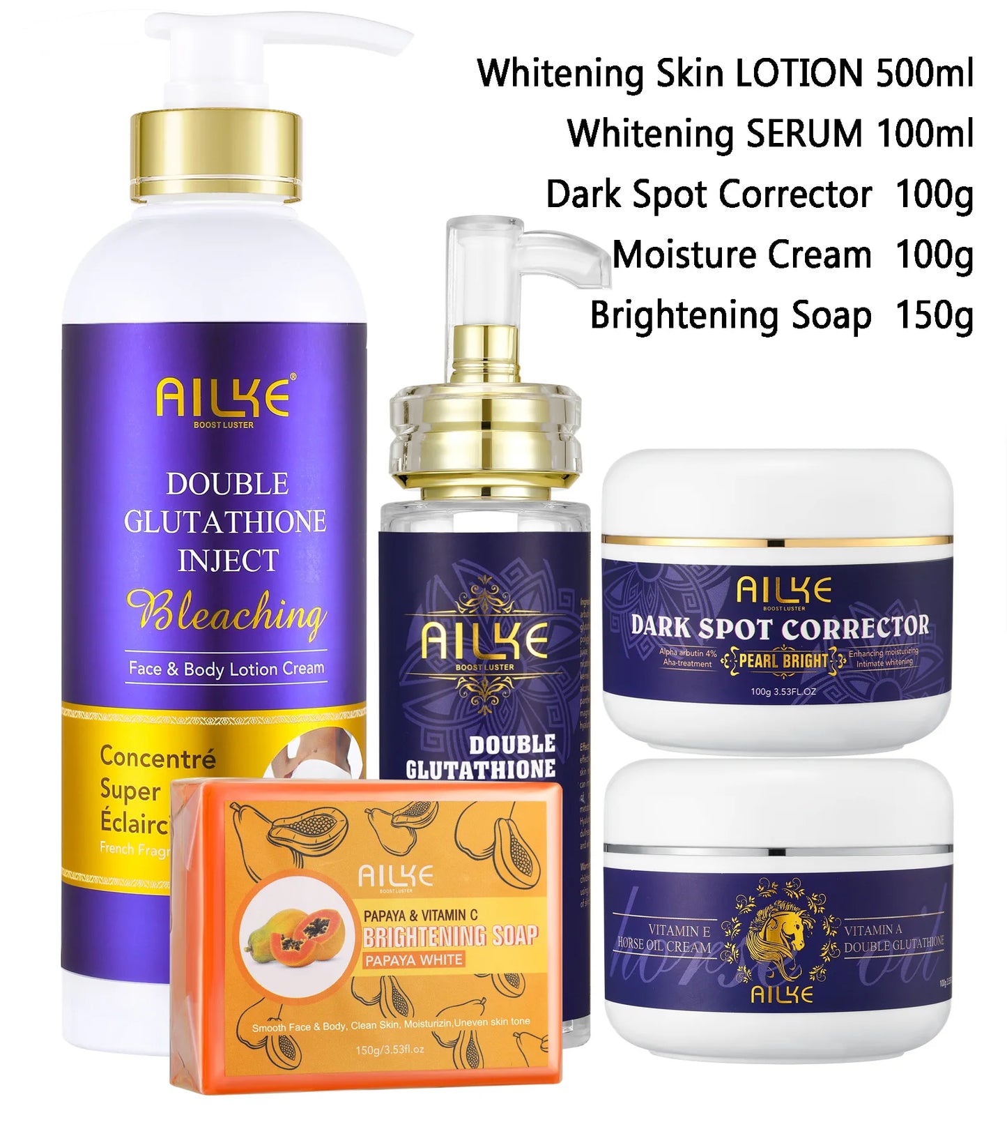 AILKE Glutathione 5-in-1 Women Skin Care Kit, With Body Lotion, Serum, Dark Spot Removal Cream, Body Cream, Brightening Soap - AMULET RING STORE