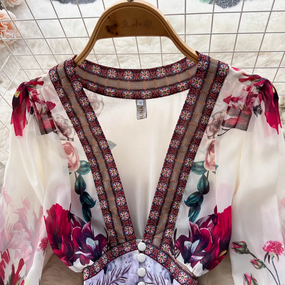 Women Deep V-Neck Bohemian Style Dress Spring Summer Runway Long Sleeve Casual Floral Print Ruffles Sweet Cascading Vestidos