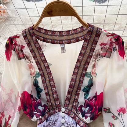 Women Deep V-Neck Bohemian Style Dress Spring Summer Runway Long Sleeve Casual Floral Print Ruffles Sweet Cascading Vestidos