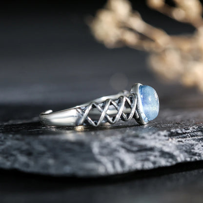 7*5mm Natural Aquamarine 925 Sterling Silver Women's Ring Handmade Adjustable Open Bands Vintage Boho Jewelry Gifts - AMULET RING STORE