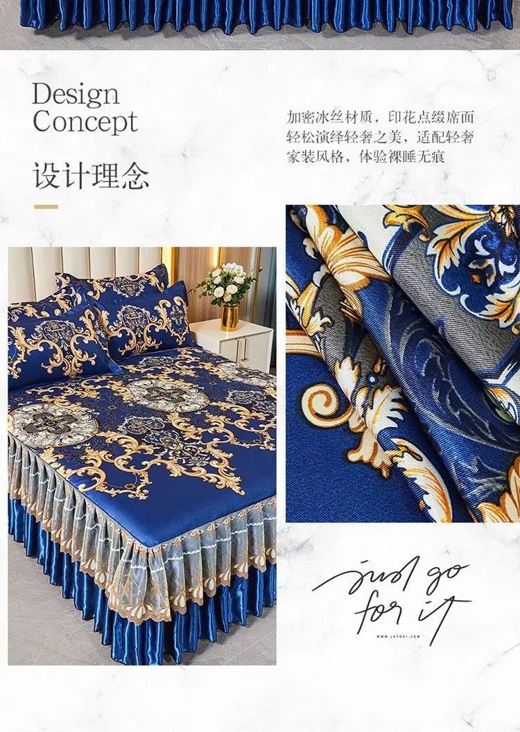 3Pcs/Lot Double Bed Sheet Set Classic Lace Royal Blue Bed Sheet Bed Skirt
