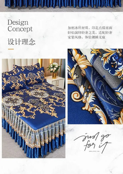 3Pcs/Lot Double Bed Sheet Set Classic Lace Royal Blue Bed Sheet Bed Skirt