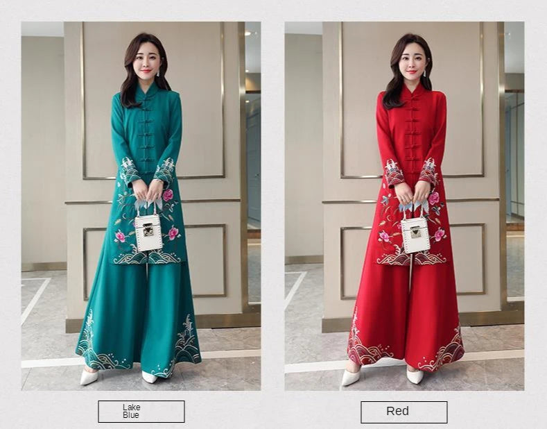 Chinese Styles Vintage Women Hanfu Midi Qipao Two Pieces China Traditional Clothing Pants Set Tang Suit Robe Orientale Clothes