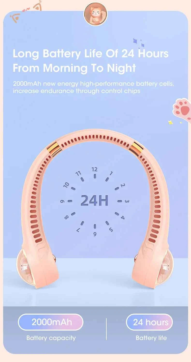 Bladeless Neck Fan 2000mAh USB Rechargeable Digital Display Cute Cat Hanging Mini for Travel Office