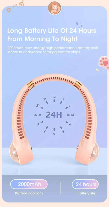 Bladeless Neck Fan 2000mAh USB Rechargeable Digital Display Cute Cat Hanging Mini for Travel Office