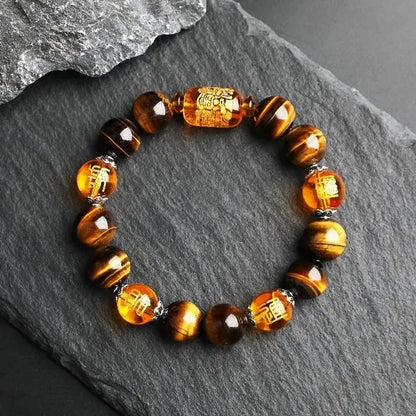 Natural Tiger's Eye Stone Three-sided God of Wealth Bracelet Auspicious Lucky Lucky Safe Men's and Women's Hand String Couple's