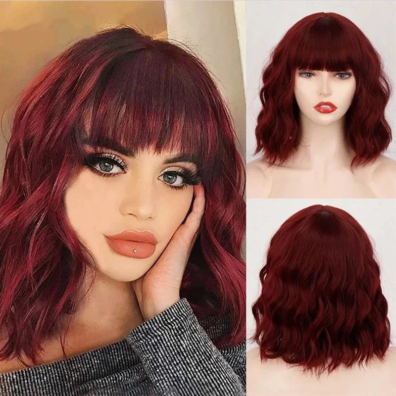 Red wine color synthetic wig with long curly hair, full head of wig, party, daily use, high-temperature hair wig - AMULET RING STORE