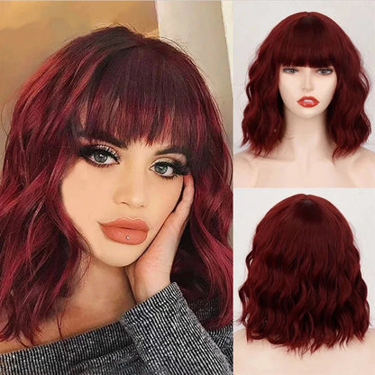 Red wine color synthetic wig with long curly hair, full head of wig, party, daily use, high-temperature hair wig - AMULET RING STORE