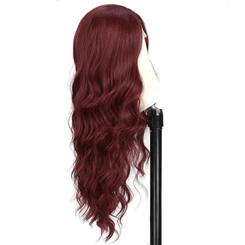 Red wine color synthetic wig with long curly hair, full head of wig, party, daily use, high-temperature hair wig - AMULET RING STORE