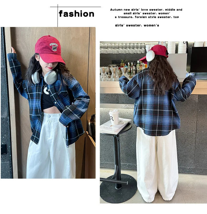 2025 Spring Girls Plaid Shirt Comfort Fashion Teen Kids Tops Clothes Casual All-match Long Sleeve Children Blouse 10 12 13 Years