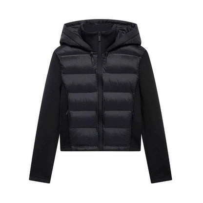 Hooded Patchwork Padded Jacket Coat with Pockets for Women, Long Sleeve, Front Zipper, Female Outerwear, Chic Tops, Fashion