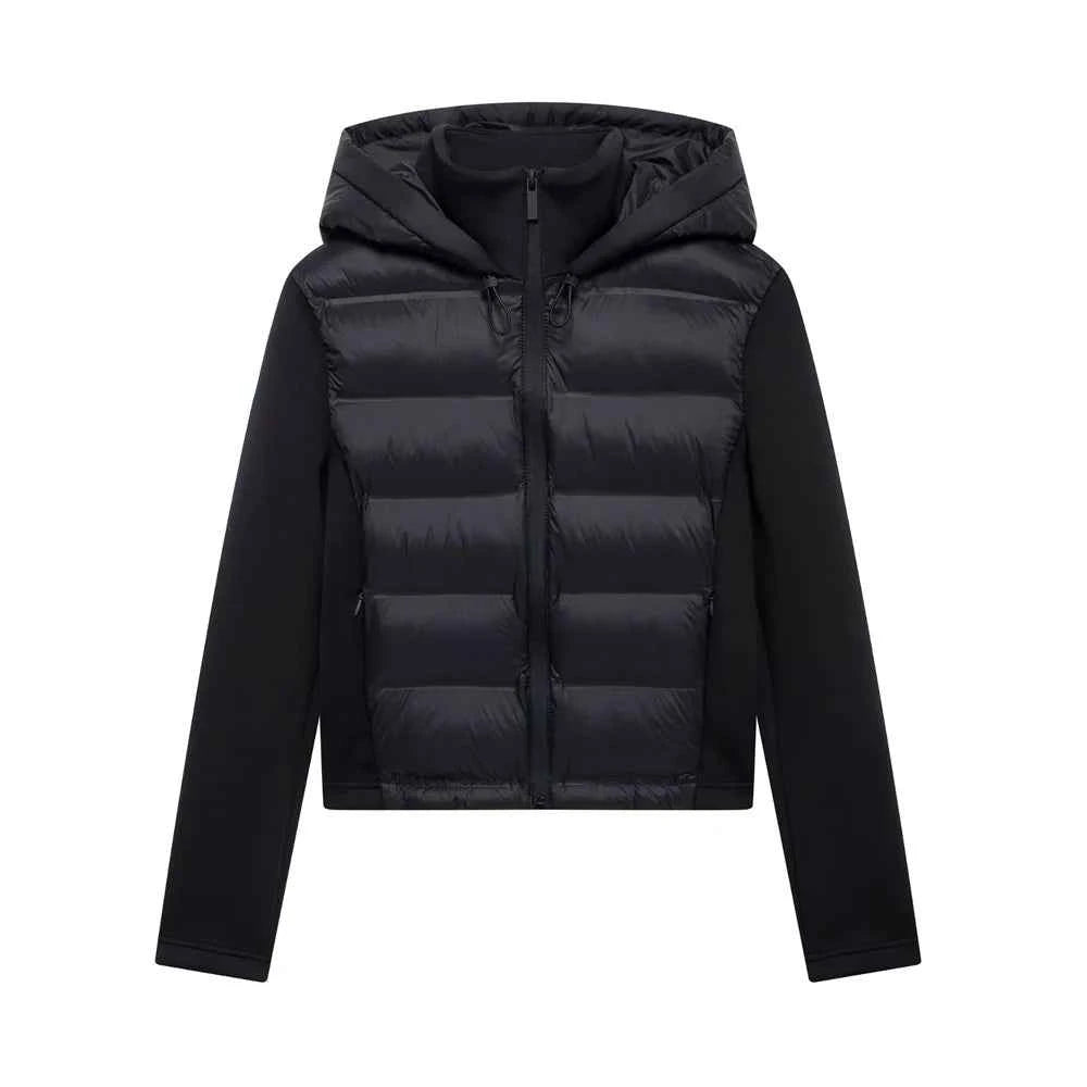 Hooded Patchwork Padded Jacket Coat with Pockets for Women, Long Sleeve, Front Zipper, Female Outerwear, Chic Tops, Fashion