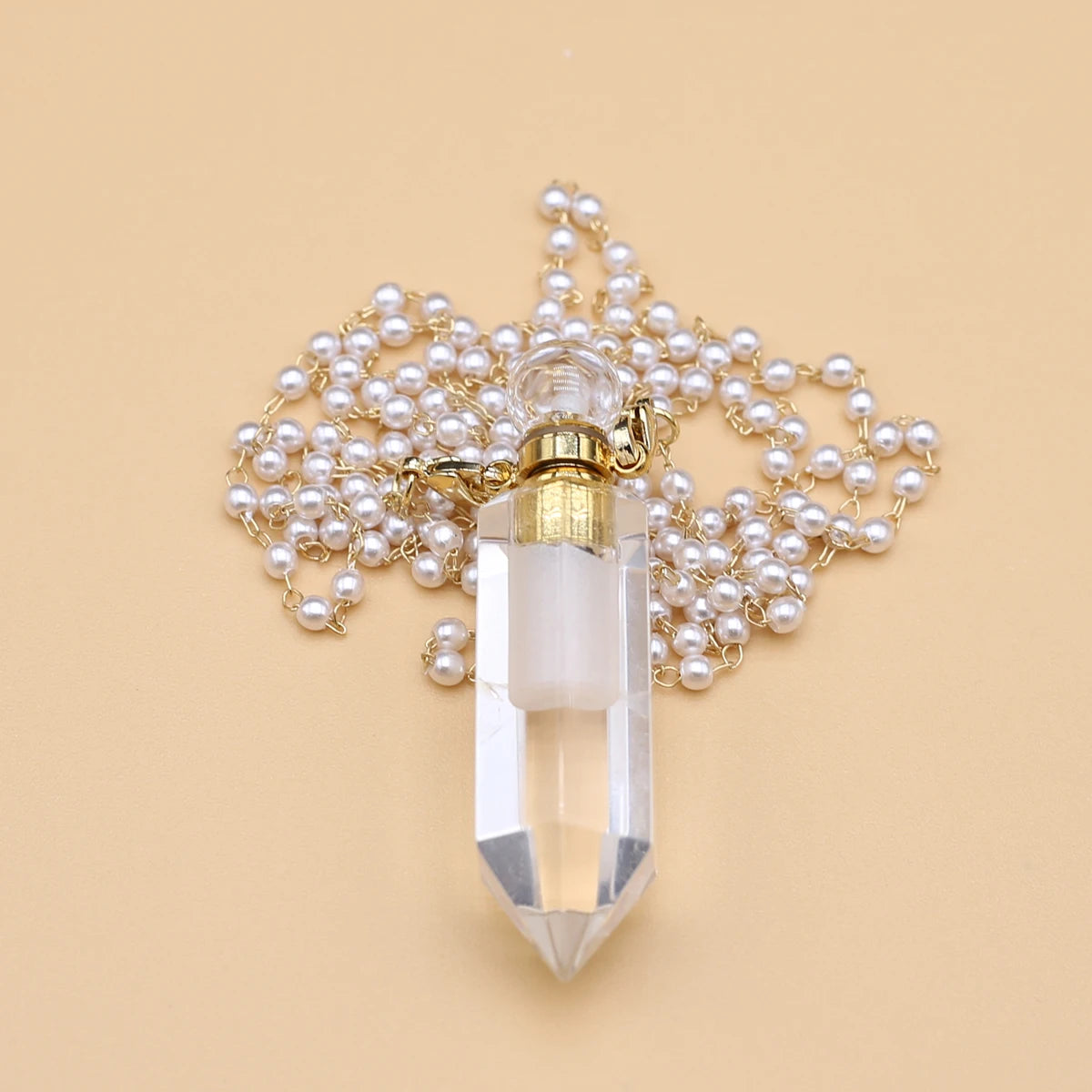 Natural Clear Quartz Stone Essential Oil Diffuser Pendant Stone Bead Chain Perfume Bottle Pendant Necklace Women Jewelry Party - AMULET RING STORE