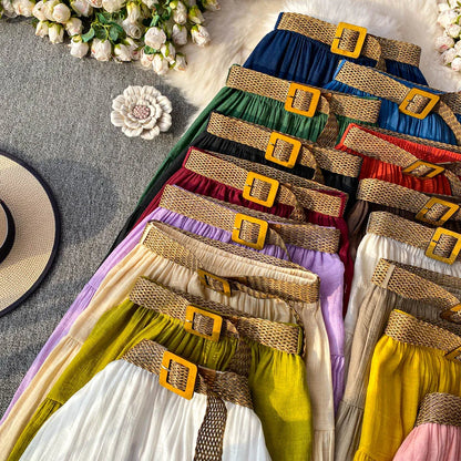 White High Waist A-Line Midi Skirt Women's Summer Casual Flared Cake Skirt Korean Sle Baking Poer Skirt for Young Women