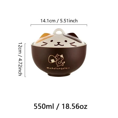 550ml Cartoon Cat Ceramic Instant Noodle Bowl With Lid Underglaze Color Soup Salad Bowl Kitchen Office Student Lunch Box 1pcs - AMULET RING STORE