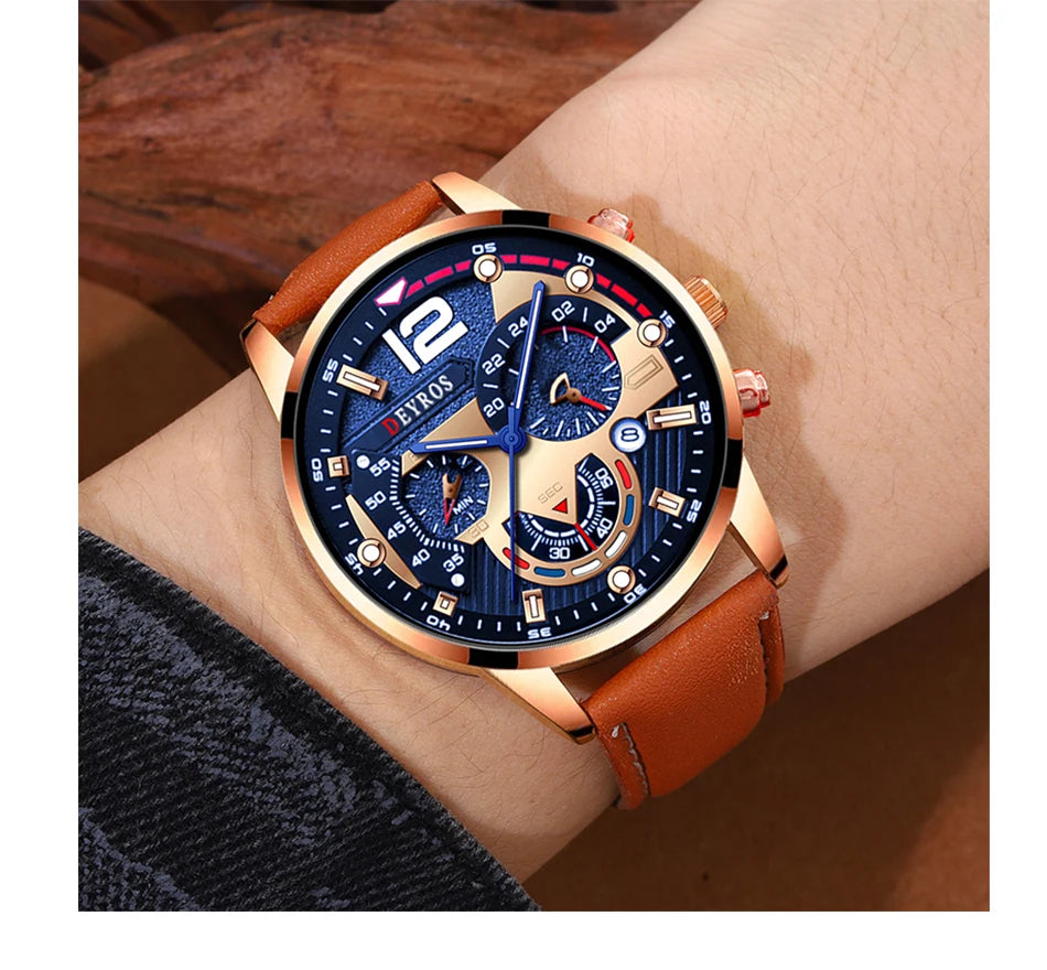 2PCS Set Fashion Mens Calendar Watches Luxury Male Business Casual Brown Leather Quartz Watch Men Bracelet Wrist Watch - AMULET RING STORE