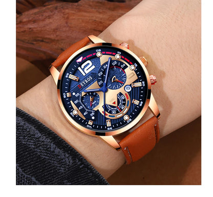 2PCS Set Fashion Mens Calendar Watches Luxury Male Business Casual Brown Leather Quartz Watch Men Bracelet Wrist Watch - AMULET RING STORE